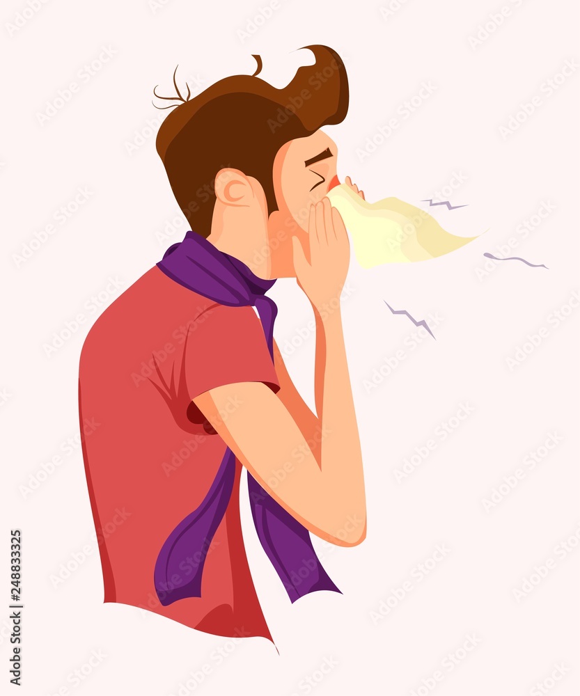 Sick man. Unhappy character. Vector cartoon illustration. Man with handkerchief in hand. Season allergy Sick man. Unhappy character. Vector cartoon illustration. Man with handkerchief in hand. Season allergy