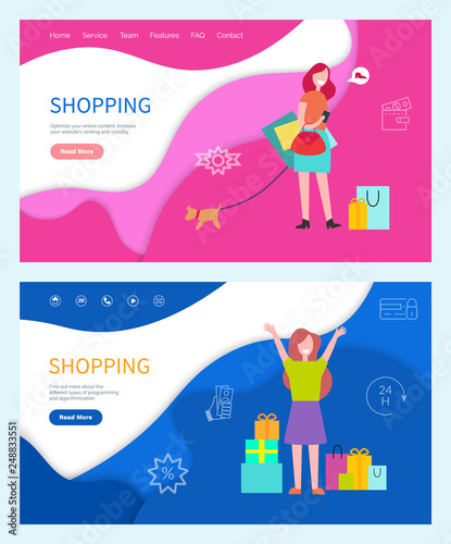 Shopping good day girls with bags. Smiling and running women in green and orange t-shirt and blue and purple skirt with dog vector web pages templates. Website landing page in flat style