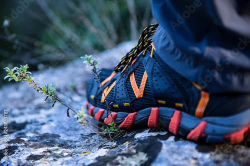 One man's navy with orange and red accents sneakers on a stone with plants in the forest with blurred background photo