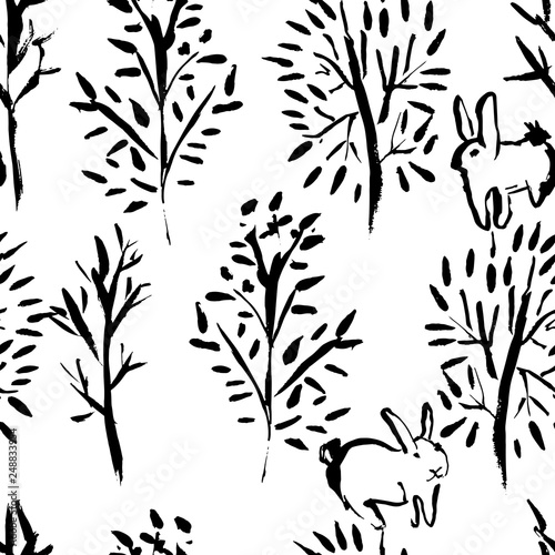 Seamless pattern with naked trees. Hand drawn grunge ink background. Vector illustration.