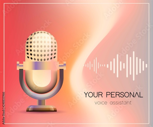 Personal assistant and voice recognition concept flat vector illustration of sound symbol intelligent technologies. Microphone with bright voice and sound imitation lines.