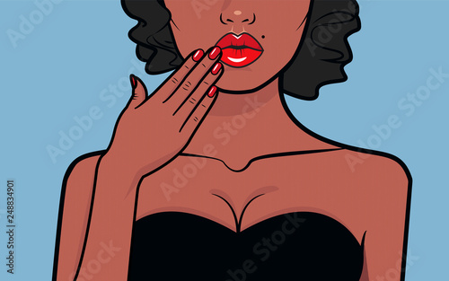 Pop-art vector illustration. African American girl touched her hand to her lips. Picture of a sexy girl with red lips and a deep neckline