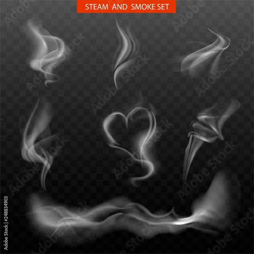Steam smoke realistic set with hart and swirl shaped white on dark transparent background isolated vector illustration.