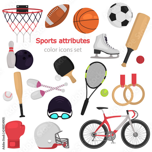 Sports equipment color flat icons set for web and mobile design