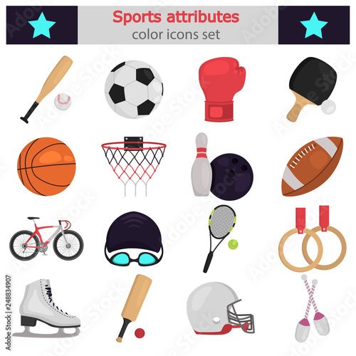 Sports equipment color flat icons set for web and mobile design