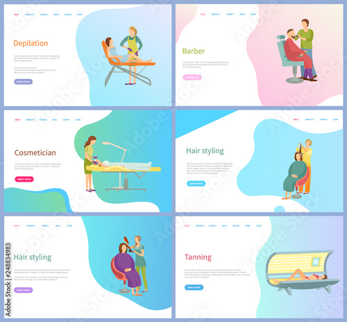 Beauty procedures vector, skincare and hair styling. Depilation and barber service, cosmetician and tanning in solarium, salon and spa, masters and clients. Website template landing page in flat style