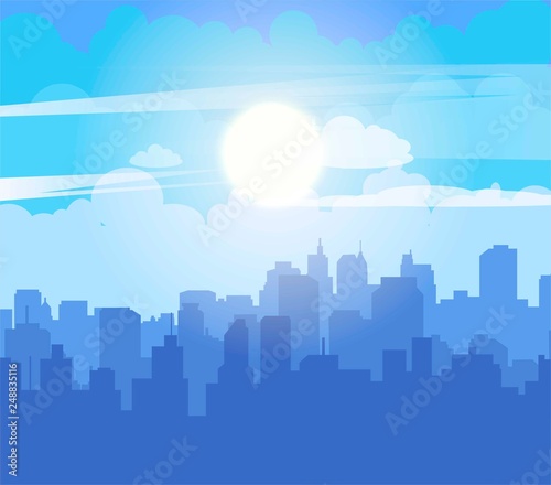 Flat cityscape with blue sky, white clouds and sun. Modern city skyline flat panoramic vector background. Urban city tower skyline illustration.