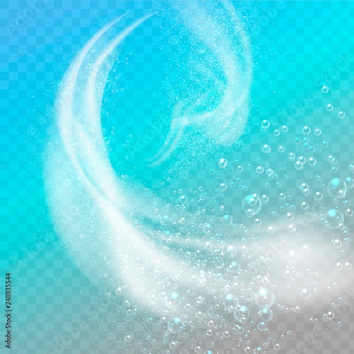 Abstract white foam. Effect of spray, whirlwind and blizzard on transparent background. Dynamic 3d elements for design of washing powders and liquid detergents