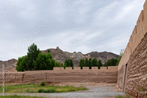 View of the Jiayu Pass, in the Gansu Province, China, with mountains on the background.