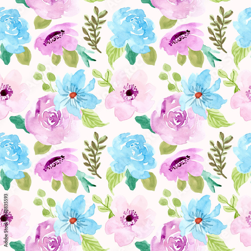 blue purple floral watercolor seamless pattern 