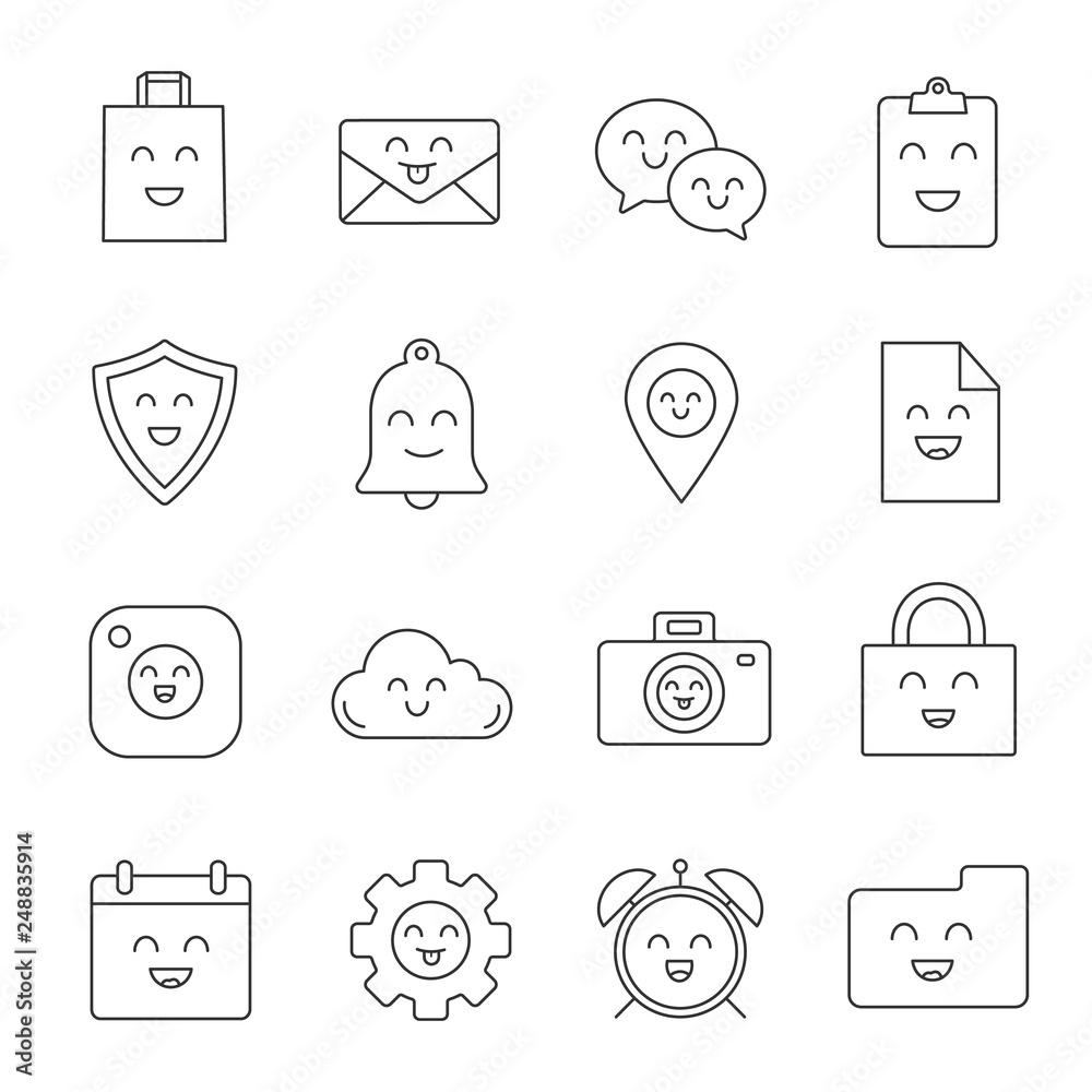 Smiling items linear icons set Smiling items linear icons set