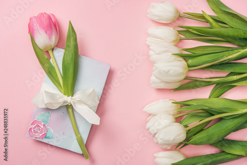 pink tulip  mothers day greeting card  and white tulips on pink background