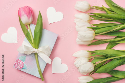 pink tulip with white bow on greeting card  paper hearts and white tulips on pink background