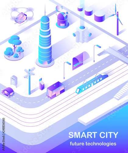 Smart city skyscraper and public bus on street vector. Transportation of passengers, buildings infrastructure of modern town with windmills and copters