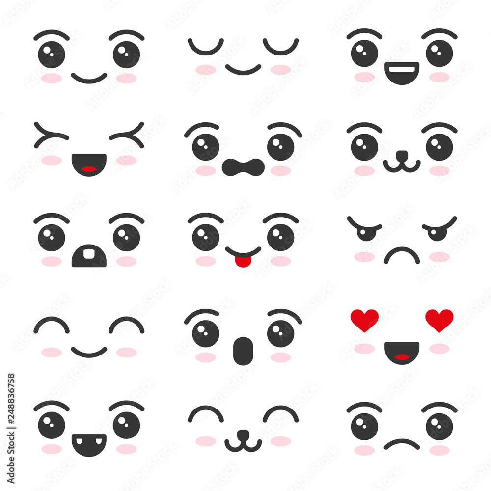 Cute Kawaii Face Icon Set on White Background. Vector Cute Kawaii Face Icon Set on White Background. Vector