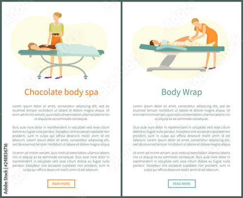Chocolate body spa and legs wrap done by experienced cosmetician in spa salon vector web online posters. Procedure of wrapping to get rid of cellulite