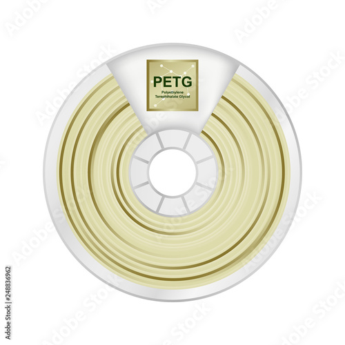 Vector illustration of natural petg filament for 3D printing wounded on the spool with a name PETG. Plastic material for a 3D printer. Polyethylene terephthalate glycol-modified isolated on white