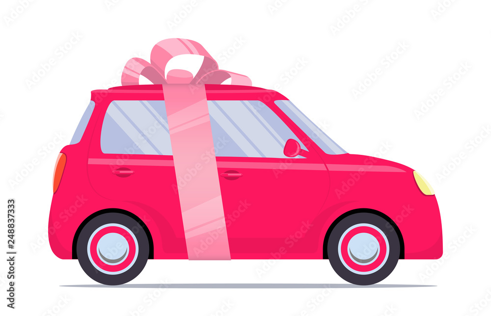Cute little car as a gift, with pink ribbon and bow. Vector flat illustration, isolated.