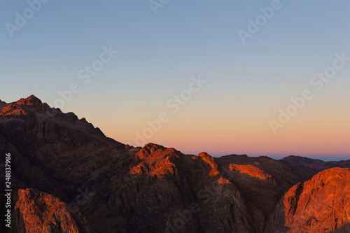 Egypt. Mount Sinai in the morning at sunrise.  Mount Horeb  Gabal Musa  Moses Mount . Pilgrimage place and famous touristic destination.