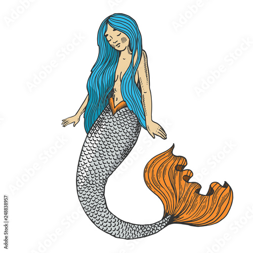 Young beauty mermaid fabulous woman creature color engraving vector illustration. Scratch board style imitation. Black and white hand drawn image.