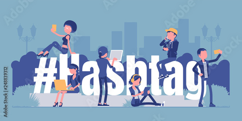 Hashtag, young people using social media, websites and smartphone applications. Hash sign giant symbol, users mark topics, messages of interest, mobile news. Vector illustration, faceless characters