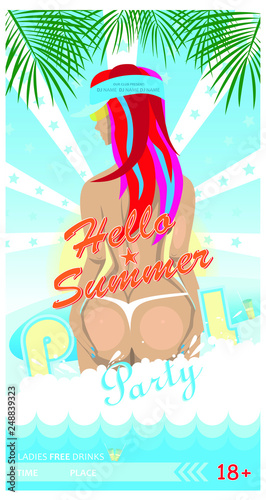 Summer beach bikini or pool party flyer with pretty realistic young sexy woman bottom and erotic back in bikini on beach in summer with palm leaf. Adult holiday vacation party 18+