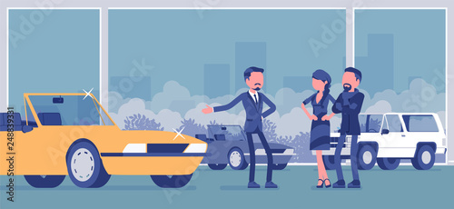 Car showroom, dealer and vehicle buyers. Male seller offering expensive cabriolet for sale, man and woman, couple choosing new family auto in sales agency. Vector illustration, faceless characters