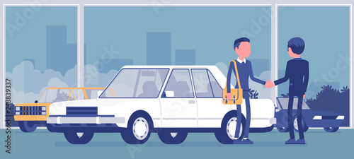 Dealer in car showroom displays vehicle for sale. Male automobile seller, customer makes an agreement in sales agency, man buying new auto, business in shop. Vector illustration, faceless characters