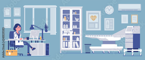Female doctor in general practitioner office interior. Hospital examination room, medical facility, clinic practice to receive. Medicine, healthcare concept. Vector illustration, faceless characters