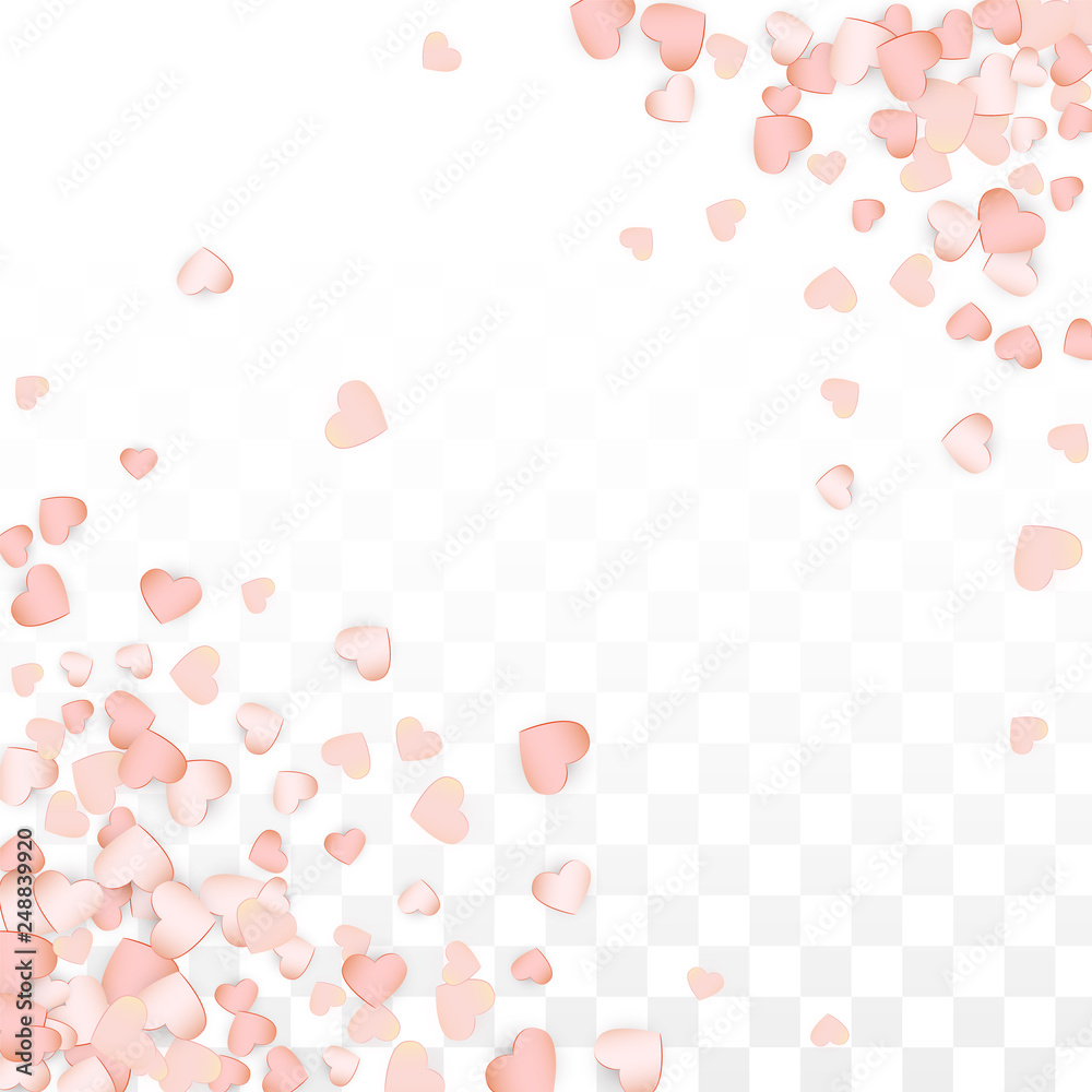 Love Hearts Confetti Falling Background. St. Valentine's Day pattern Romantic Scattered Hearts. Vector Illustration for Cards, Banners, Posters, Flyers for Wedding, Anniversary, Birthday Party, Sales.