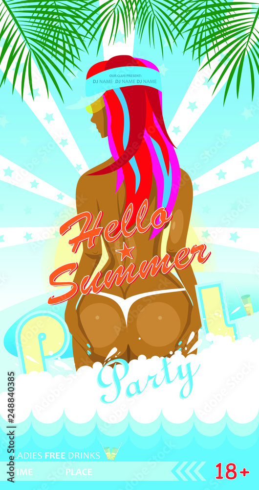 Summer beach bikini or pool party flyer with pretty realistic young sexy woman bottom and erotic back in bikini on beach in summer with palm leaf. Adult holiday vacation party 18+