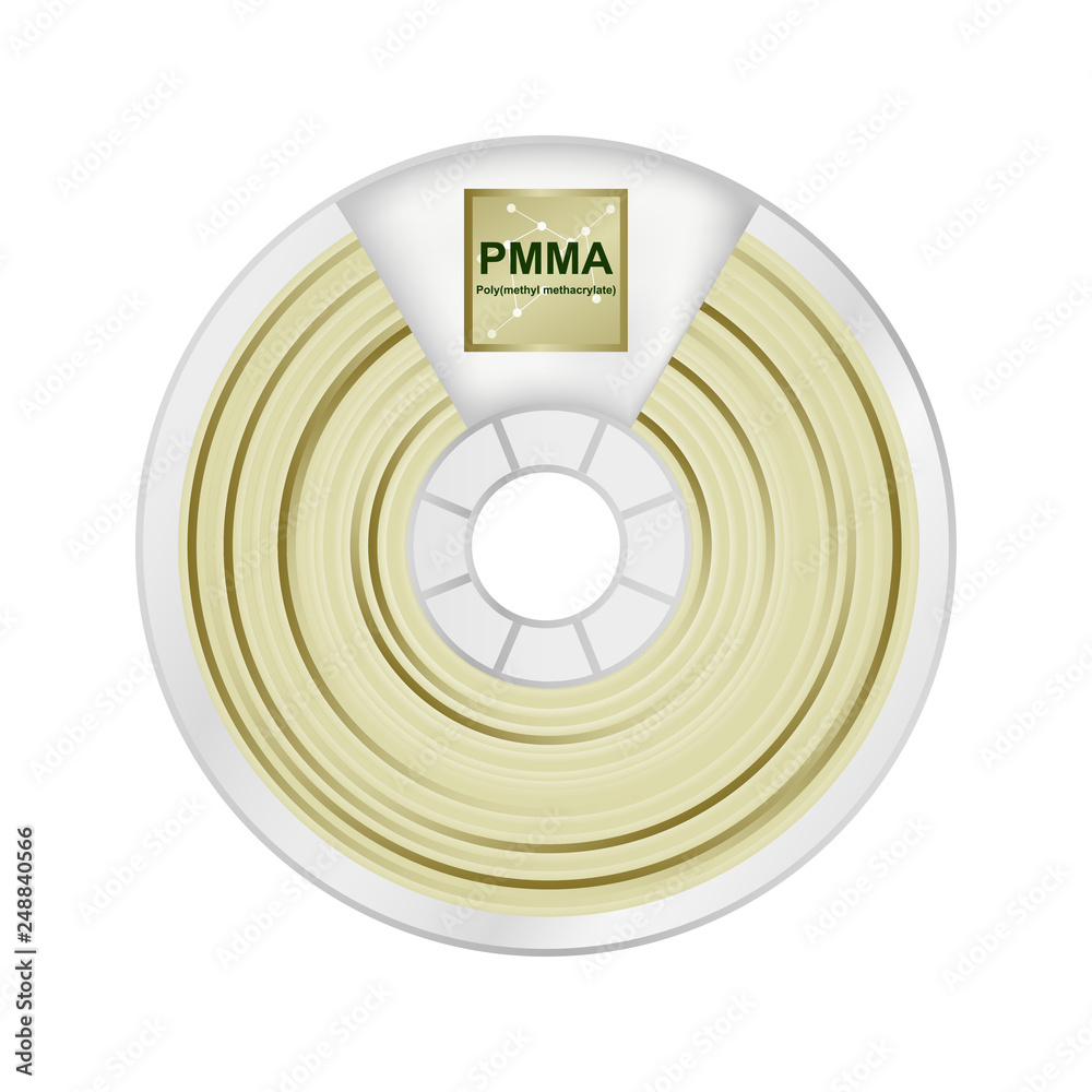 Vector illustration of natural transparent pmma filament for printing wounded on the spool with a name PMMA. Plastic glass material for a 3D printer Polymethyl methacrylate isolated on white Stock