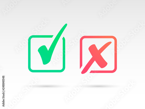 Set of Green Check Mark Icon and Red X cross Tick Symbol