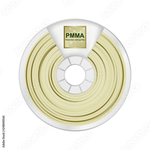 Vector illustration of natural transparent pmma filament for 3D printing wounded on the spool with a name PMMA. Plastic glass material for a 3D printer – Polymethyl methacrylate isolated on white photo