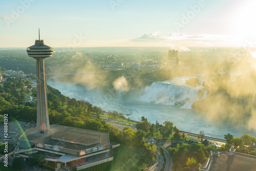 Aerial view of the Skylon Tower and the beautiful Niagara Falls