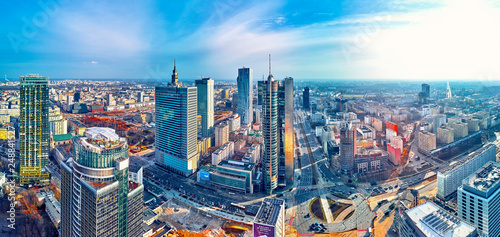 Beautiful panoramic aerial drone view to panorama cityscape of Warsaw modern City, PKiN and 