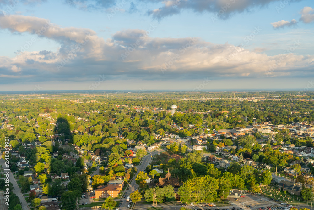 Aerial sunrise rural landscape of Niagara Falls city