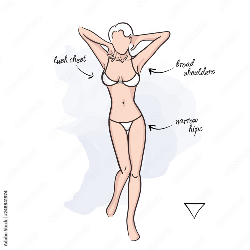 Woman inverted triangle body shape. Vector illustration of girl's figure.  Woman in bathing suit. Stock Vector | Adobe Stock