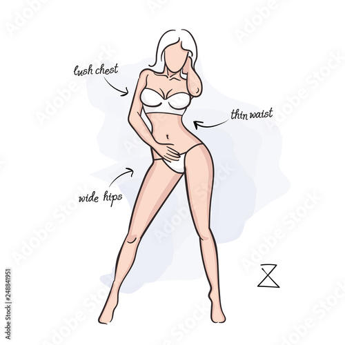 Woman hourglass body shape. Vector illustration of girl's figure. Woman in bathing suit.