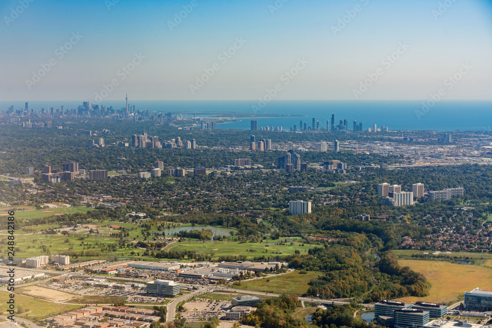 Aerial view of the Mississauga and Toronto area cityscape