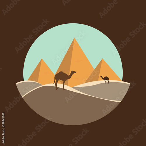 camels near Egypt pyramids landscape. Egyptian great pyramids in the desert on a background. Dry desert under sun,Negative space.Flat design