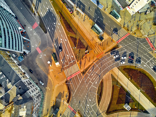 Beautiful panoramic aerial drone view to panorama of Warsaw modern City, Q22 - neomodern office skyscraper designed by APA Kuryłowicz & Associates photo