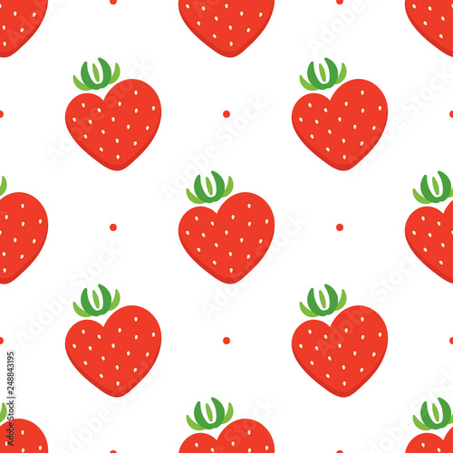 Vector seamless pattern background with cute cartoon strawberry in the shape of the heart.