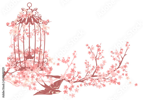 swallow bird, open cage and blooming sakura tree branches - spring season vector design