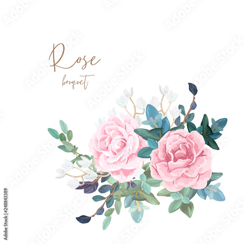 Decorative corner composition of pale roses  white spring flowers  eucalyptus and succulents. Light floral bouquet for wedding invitations and romantic cards. Hand drawn vector illustration.