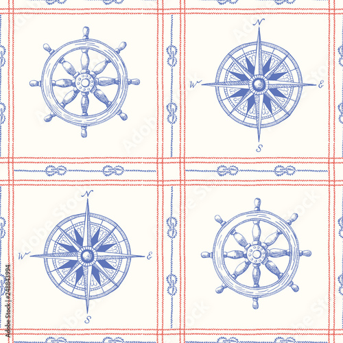 Vintage Nautical Hand-Drawn Ship Steering Wheel and Sea Compass with Zeppelin Bend Knot Vector Seamless Pattern. Plaid