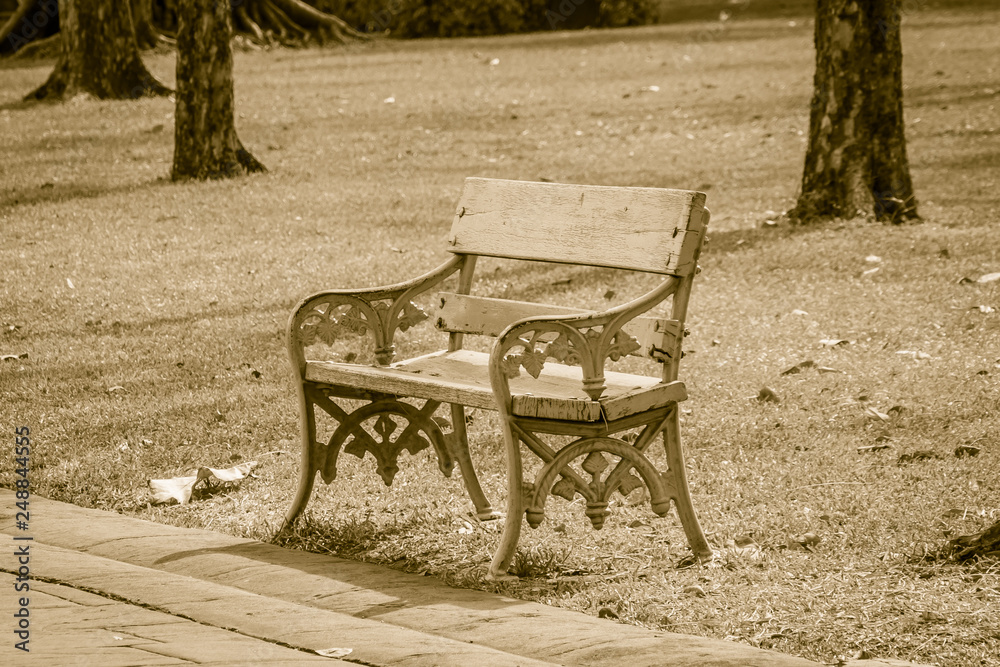 A lonely chair in the park is waiting for someone. Abstract lonely wooden bench in the park.