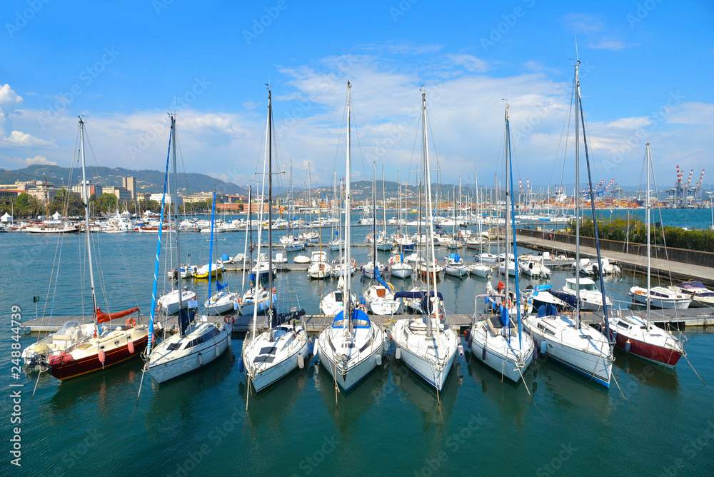 Yachts and boats in Porto Mirabello harbor at La Spezia, Liguria 