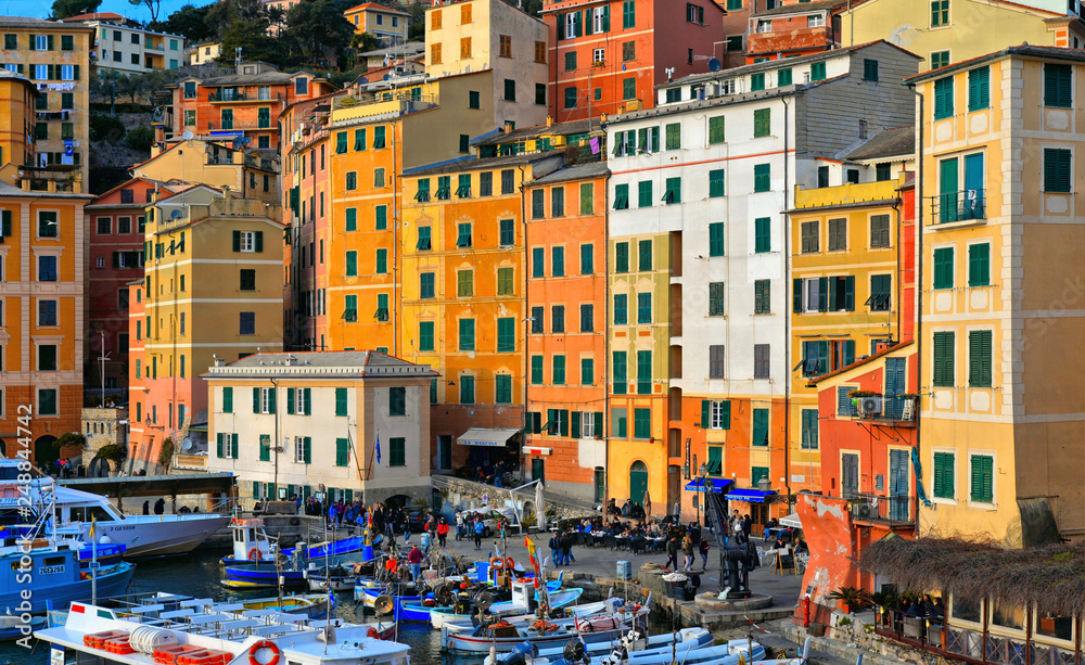 Detail of  harbour with fishing boats and fishermans in the old village of Camogli, Gulf of Paradise, Portofino National Park, Genova, Liguria, Italy