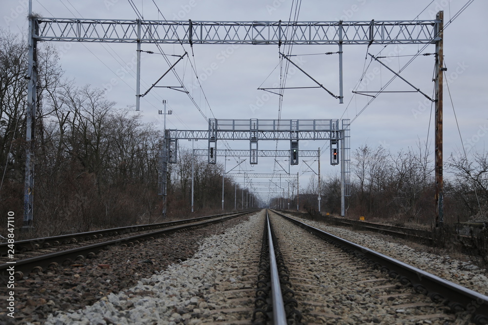 Railway tracks. Train tracks. Track ballast. Railroad tie. Railway infrastructure Railway tracks. Train tracks. Track ballast. Railroad tie. Railway infrastructure